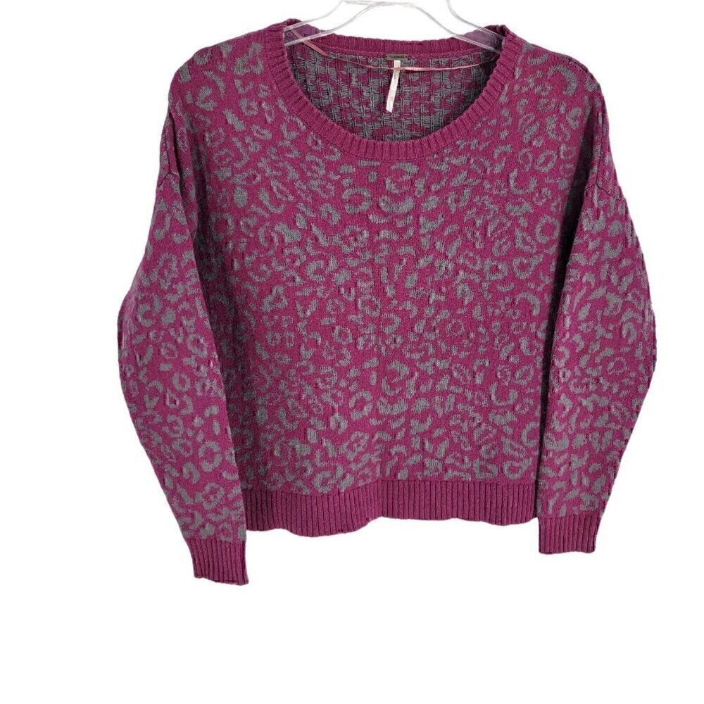 Free People Magenta Alpaca Blend Leopard Animal Print Pull Over Sweater XS